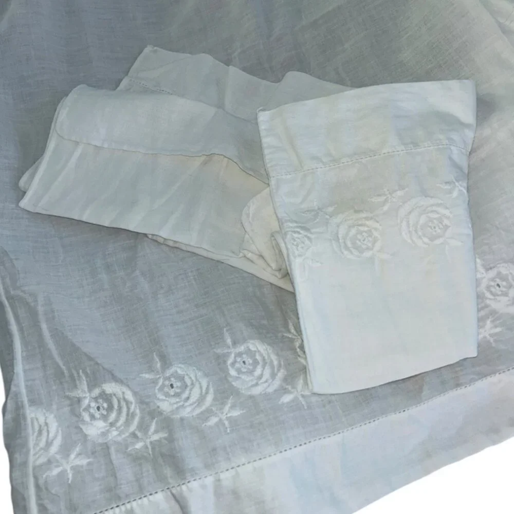Antique white linen hand embroidered trim King 3 pillow cases